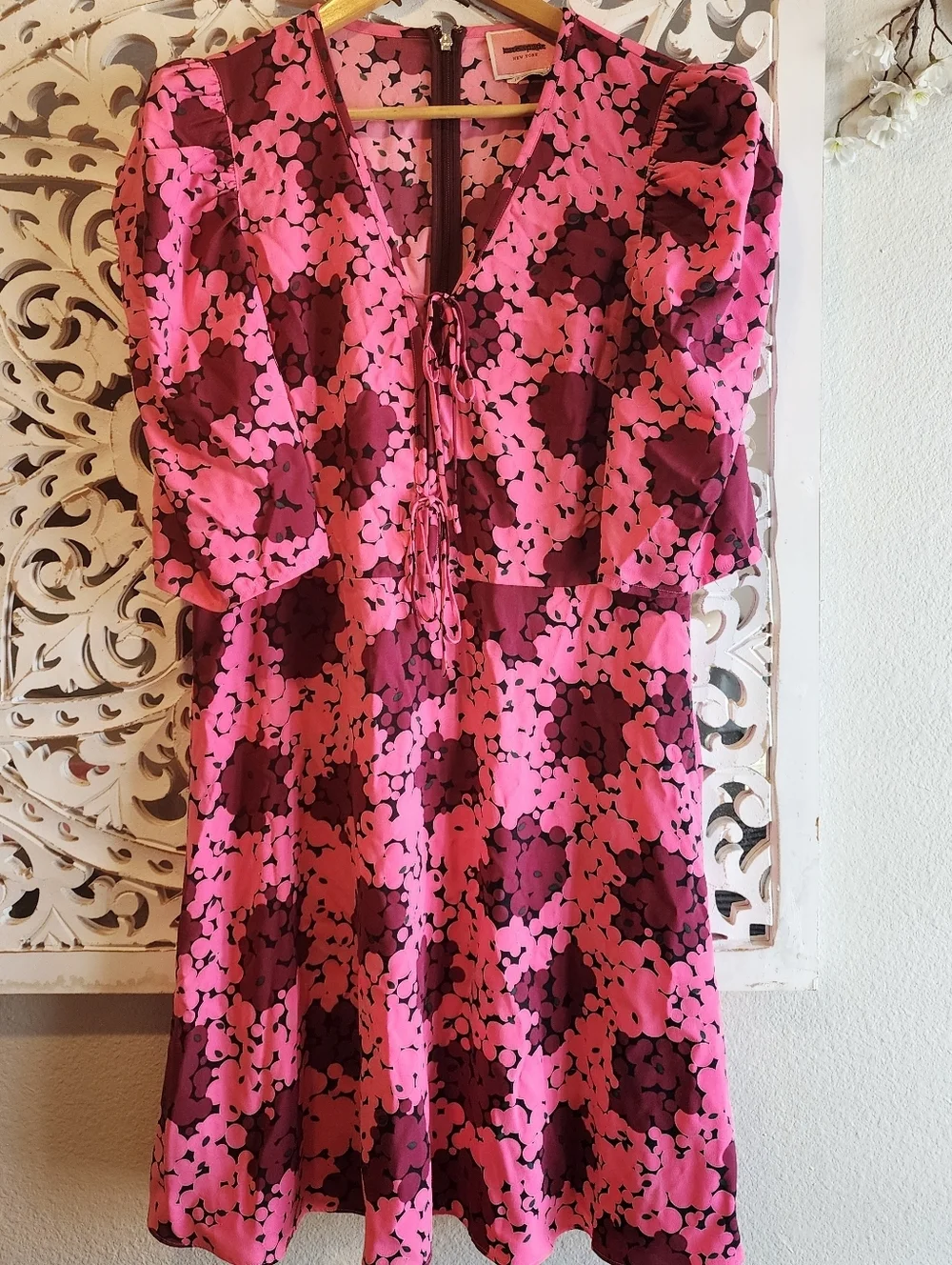KATE SPADE NEW YORK NWOT WOMENS PINK BUBBLEN DOT SMOCKED FRONT TIE DRESS SIZE 12